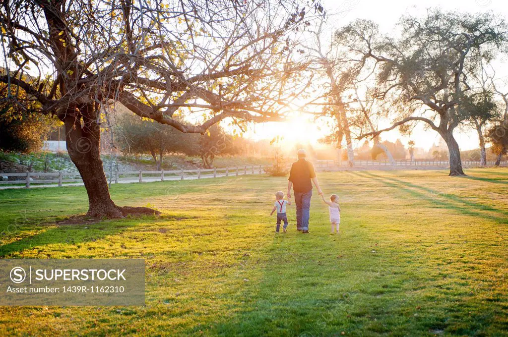 Father walking with son and daughter in sunlit field