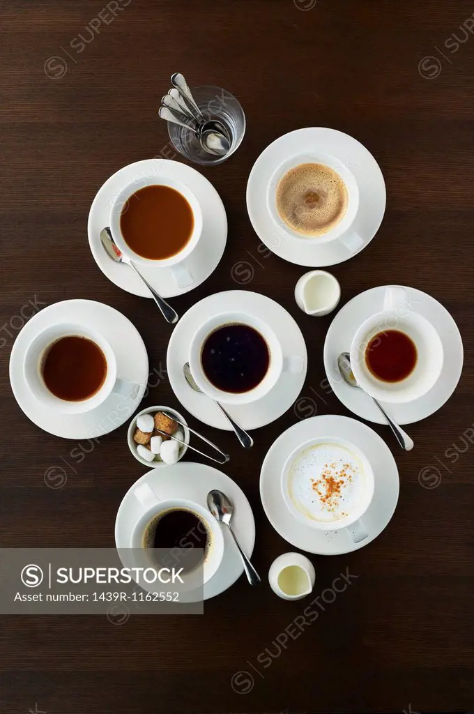 Still life with selection of coffees in cups