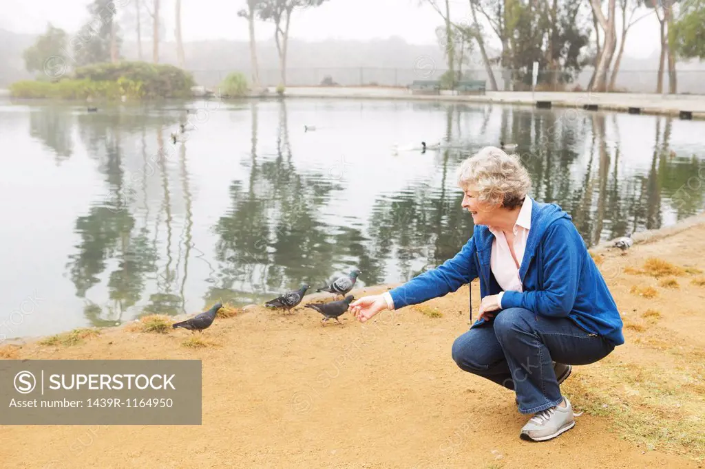 Senior woman feeding pigeons by the lake