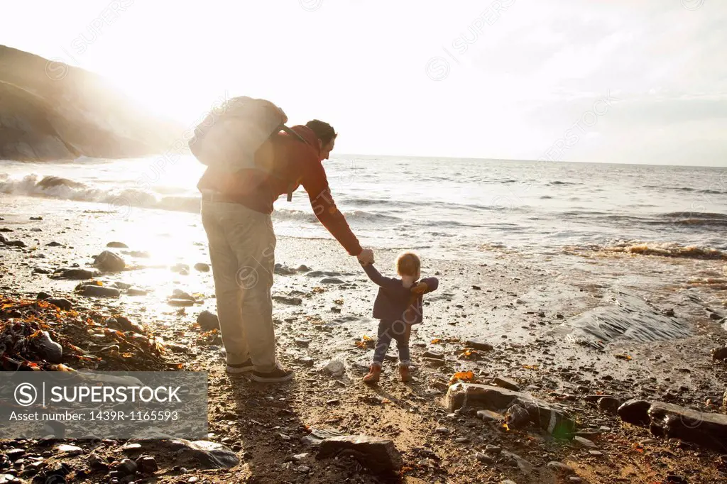 Father and child enjoying beach