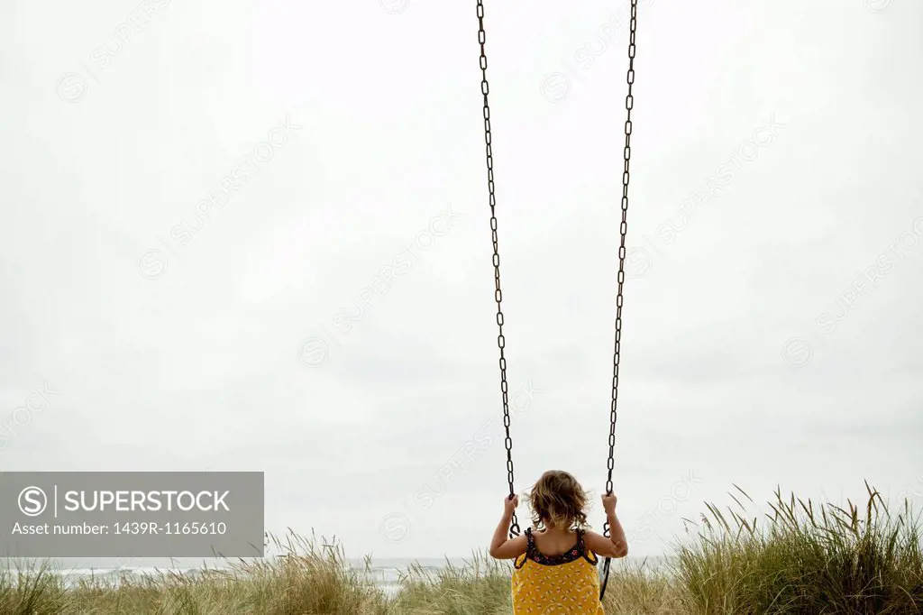 Female toddler on beach swing