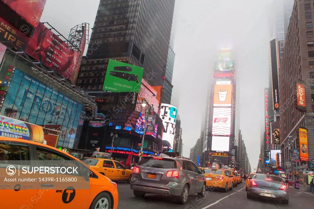 Traffic and mist, Times Square, New York City, USA