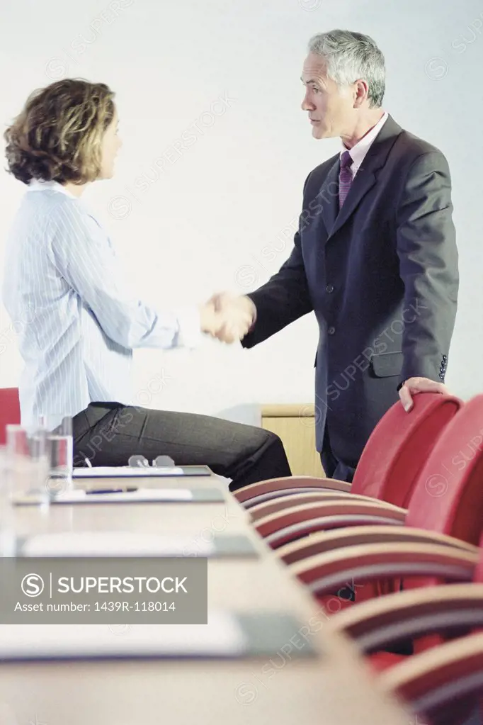 Businessman and businesswoman shaking hands