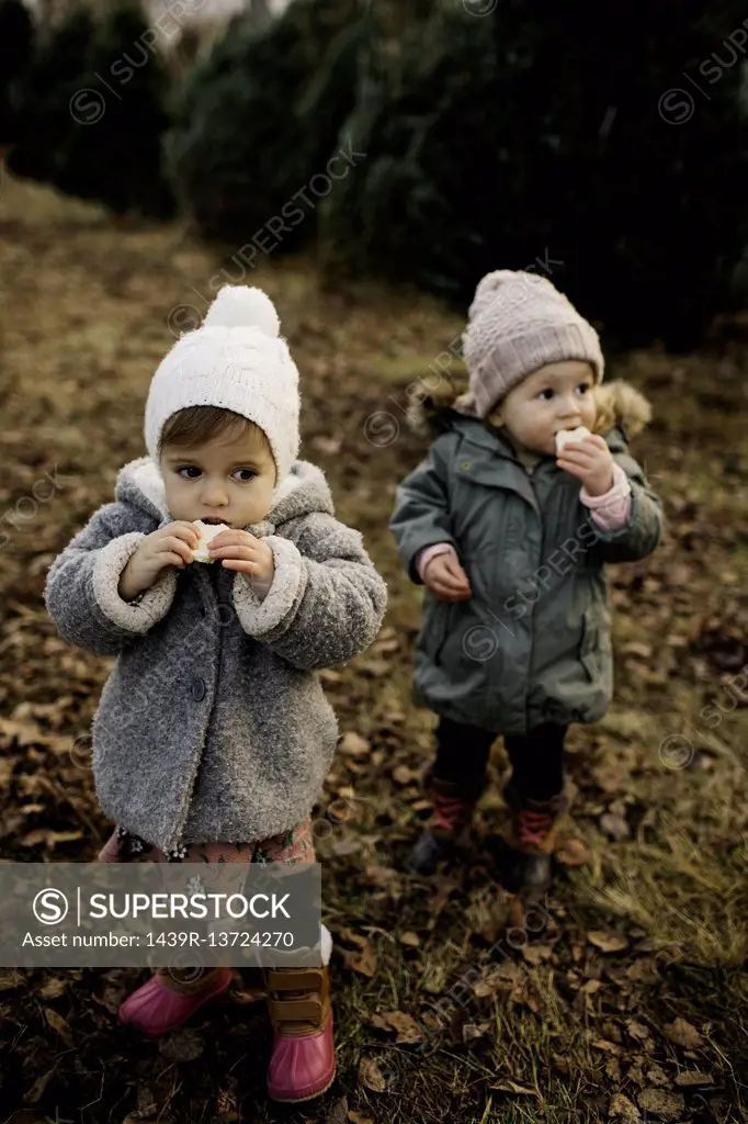 Baby girls eating bread in forest