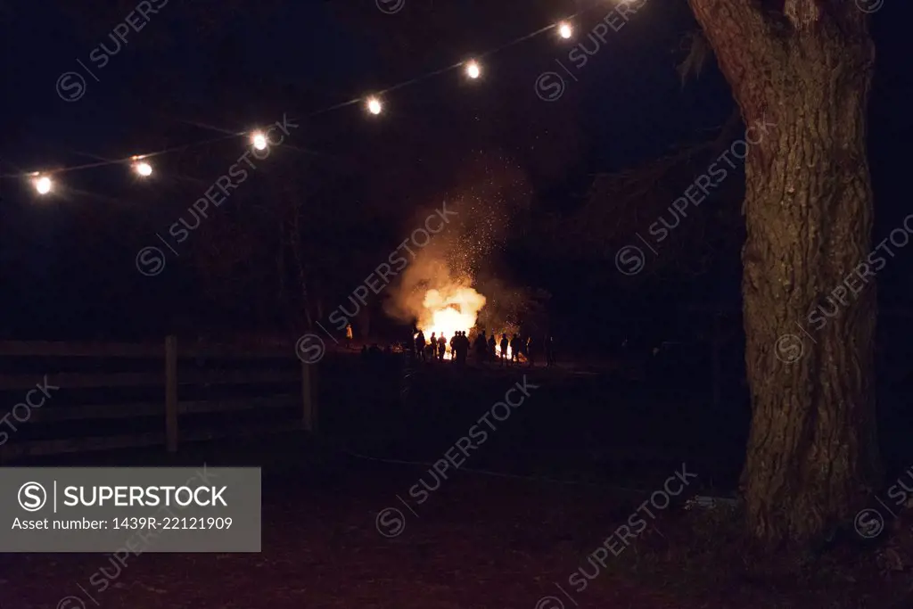 Silhouetted crowd watching bonfire in rural field at night