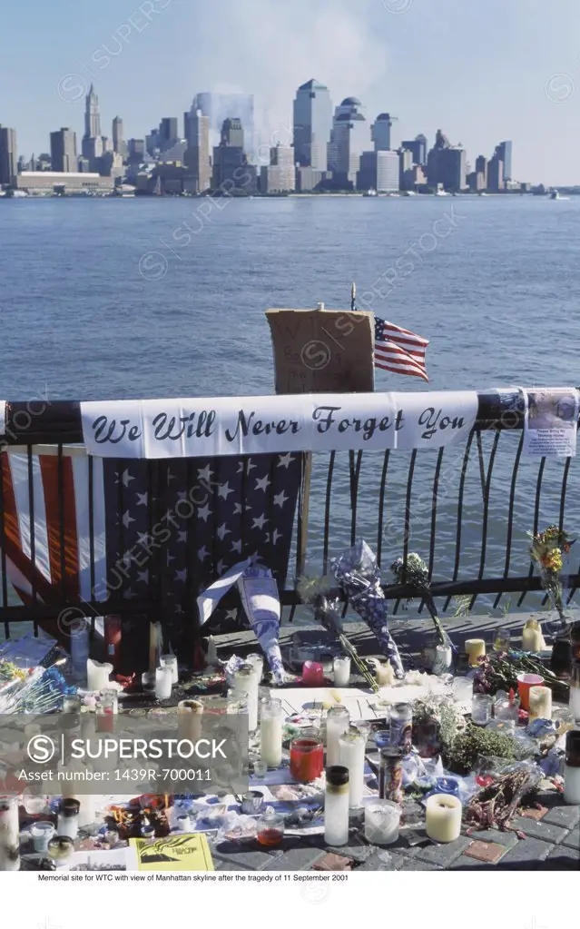Memorial site for WTC with view of Manhattan skyline after 11 September 2001