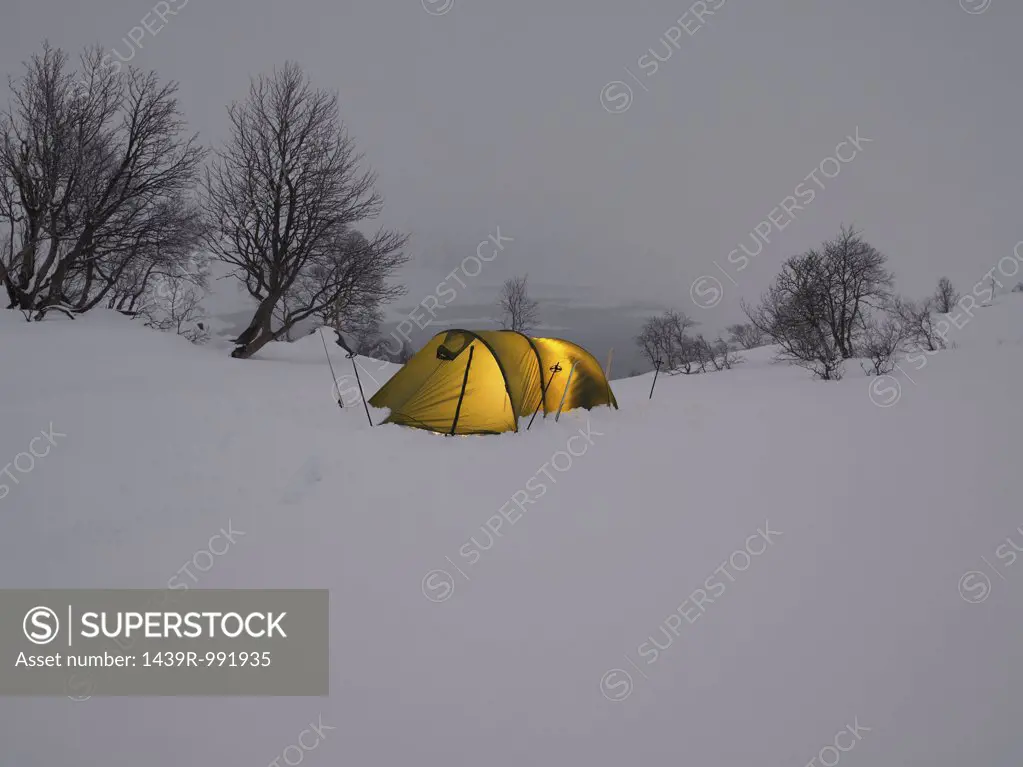 Skiers in a tent