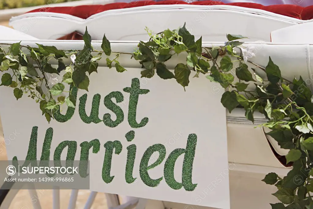 Just Married sign on carriage