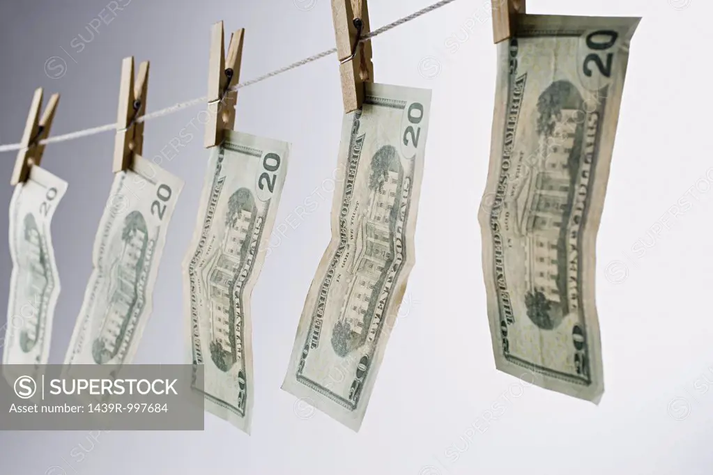 Banknotes on a clothesline