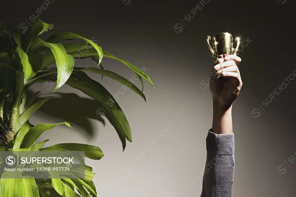 Business woman holding up trophy