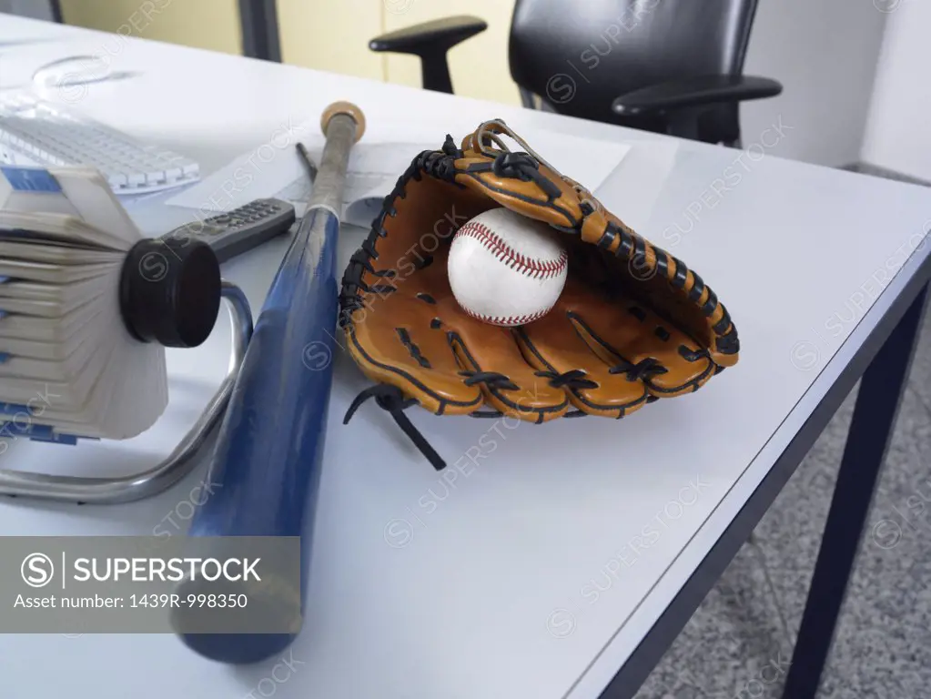 Baseball equipment on a desk