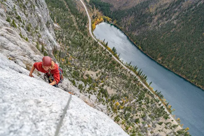 Climbing of the route called "the goat" in Marble Canyon, Lillooet, British Columbia, Canada