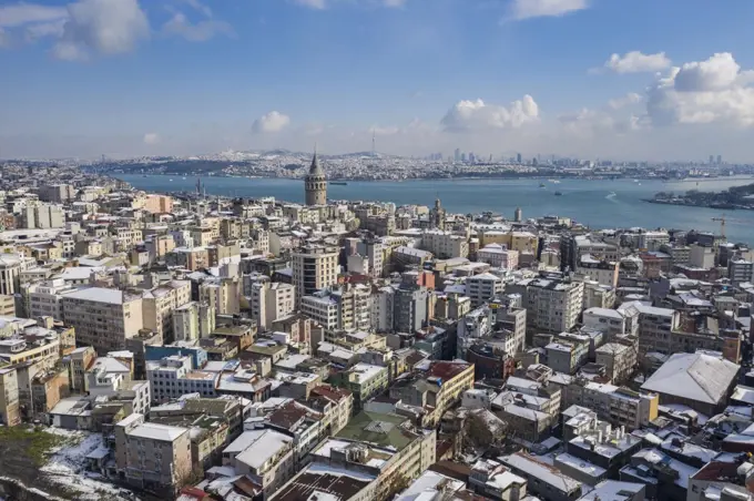 Turkey, Istanbul, Aerial view of waterfront district in Winter