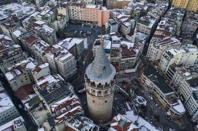 Turkey, Istanbul, Aerial view of Galata Tower in Winter