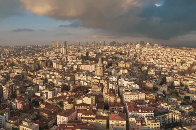 Turkey, Istanbul, Aerial view of Beyoglu area and Galata tower at sunset
