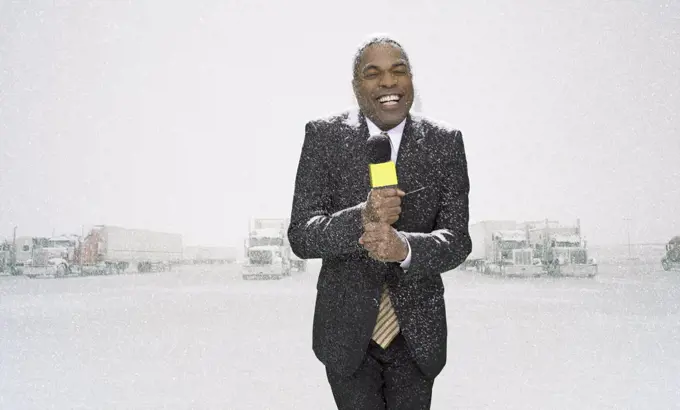 News presenter in snow