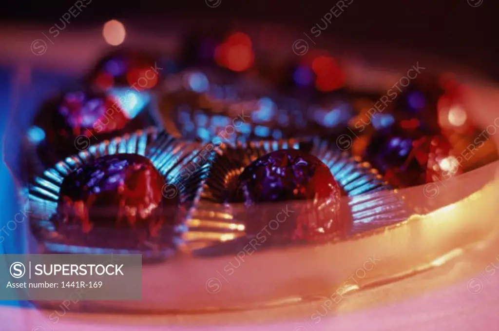 Close-up of a box of gourmet chocolates