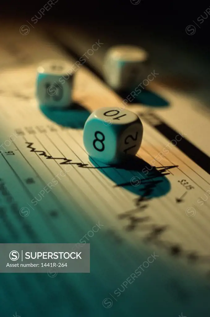 Three numbered dice on a financial report