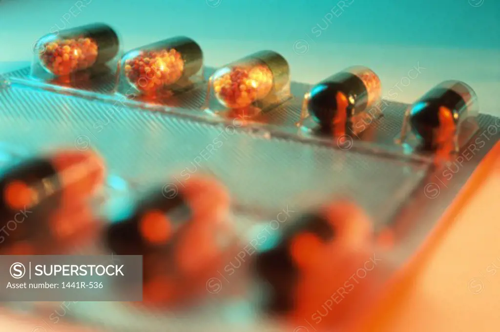 Close-up of capsules in a blister pack