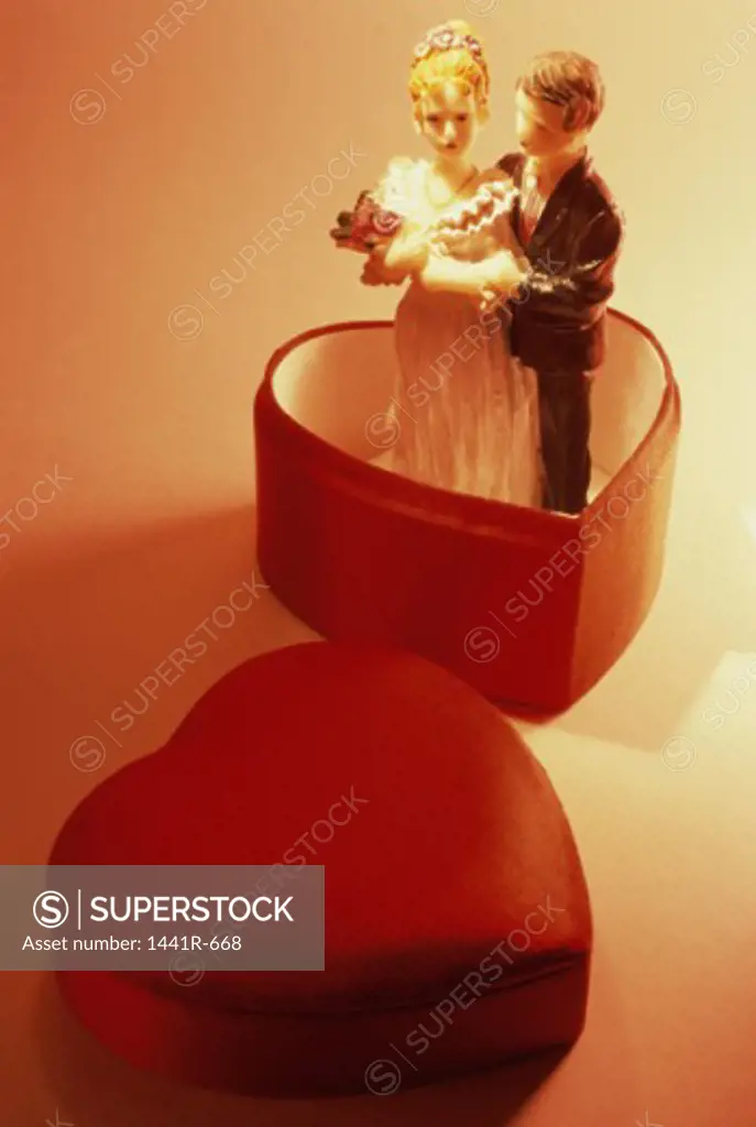 High angle view of a bride and groom figurine in a box