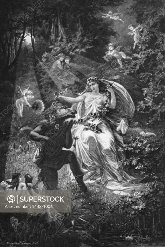 Bottom, Titania, & Puck (Act IV from Shakespeare's "A Midsummer Night's Dream) 1886 Julius Hoeppner (1839-1893 ) Woodcut print