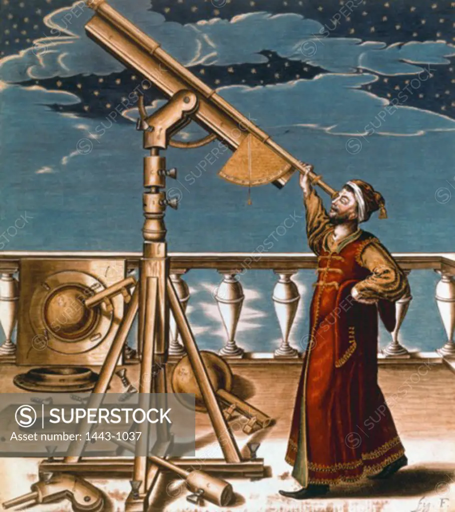 Astronomer Observing the Sky with a Telescope 1647 Johann Hevelius (1611-1687 German) Copper engraving Bibliotheque Nationale, Paris, France