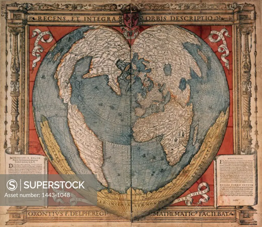 World Map in Heart Shape 1536 Oronce Fine (1494-1555 French) Woodcut print