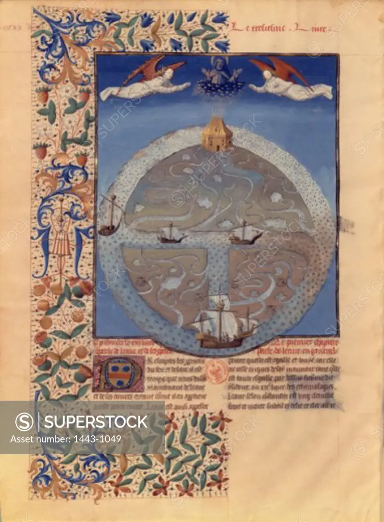 Earth as a Disk Surrounded by the Sea 15th C.  Artist Unknown (French) Illuminated manuscript Bibliotheque Nationale, Paris, France