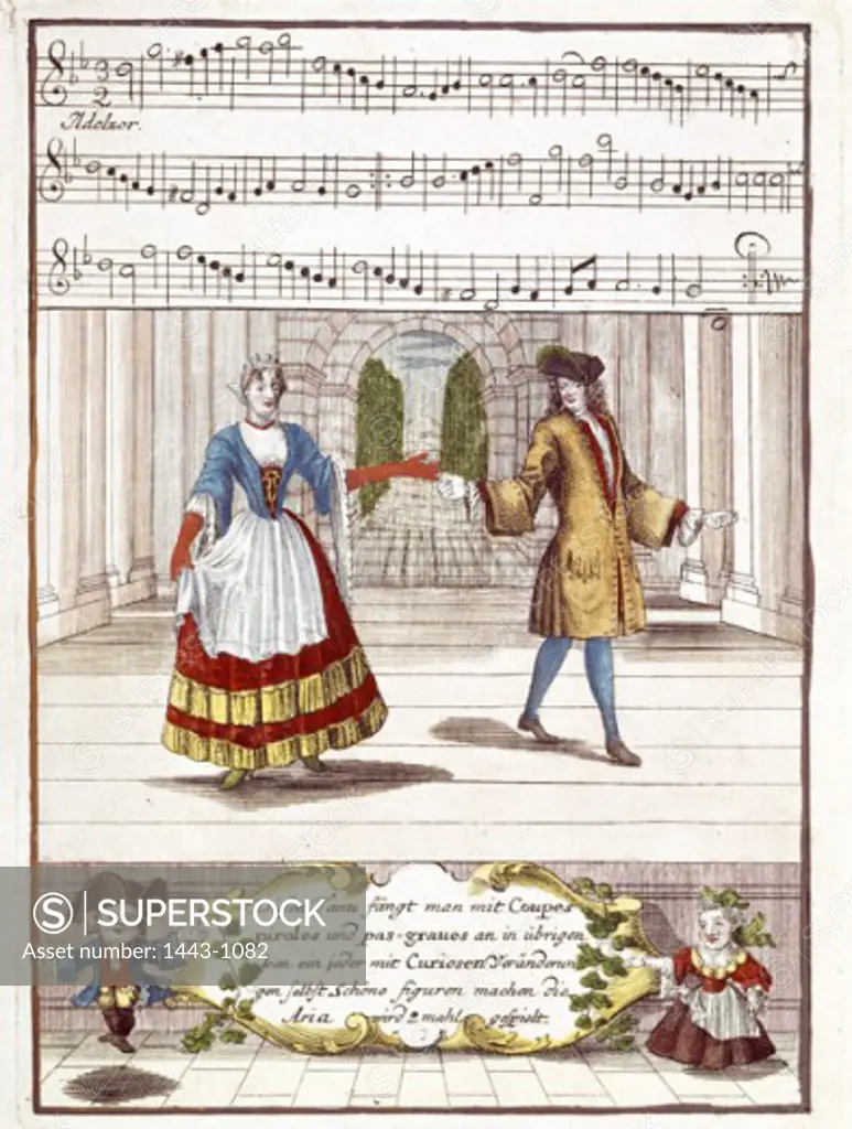 Dancing Couple 1716 Johann Georg Puschner (1705-1750 German) Colored wood engraving