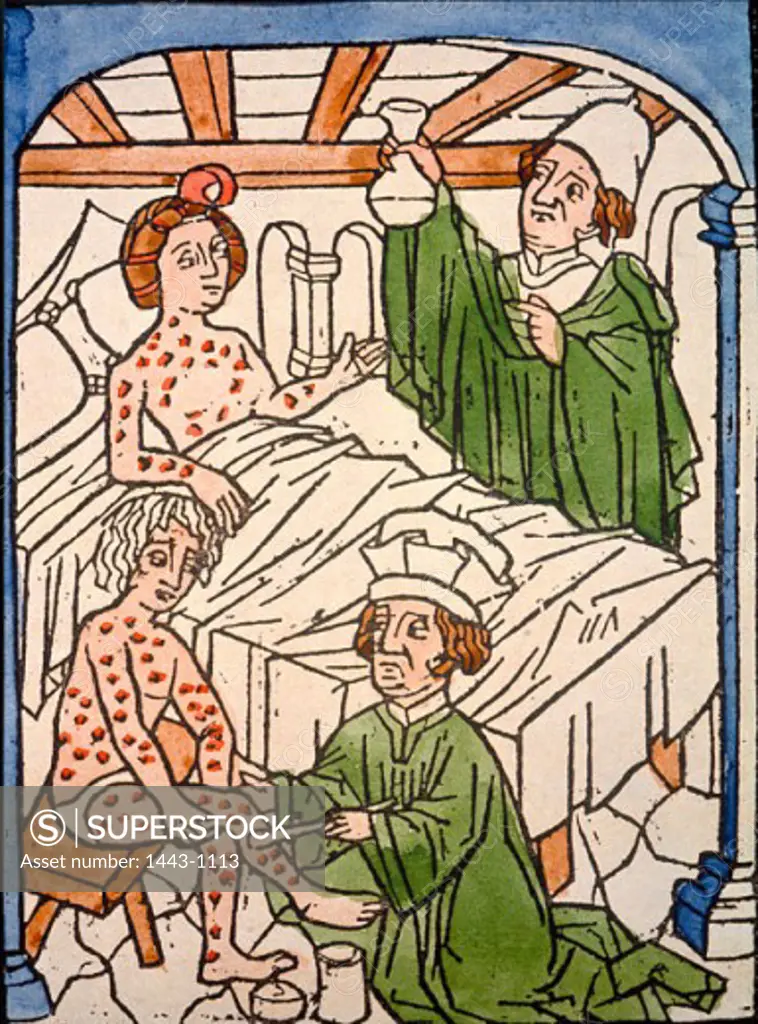 Doctors Treat People with Syphilis  15th C. Artist Unknown Woodcut print
