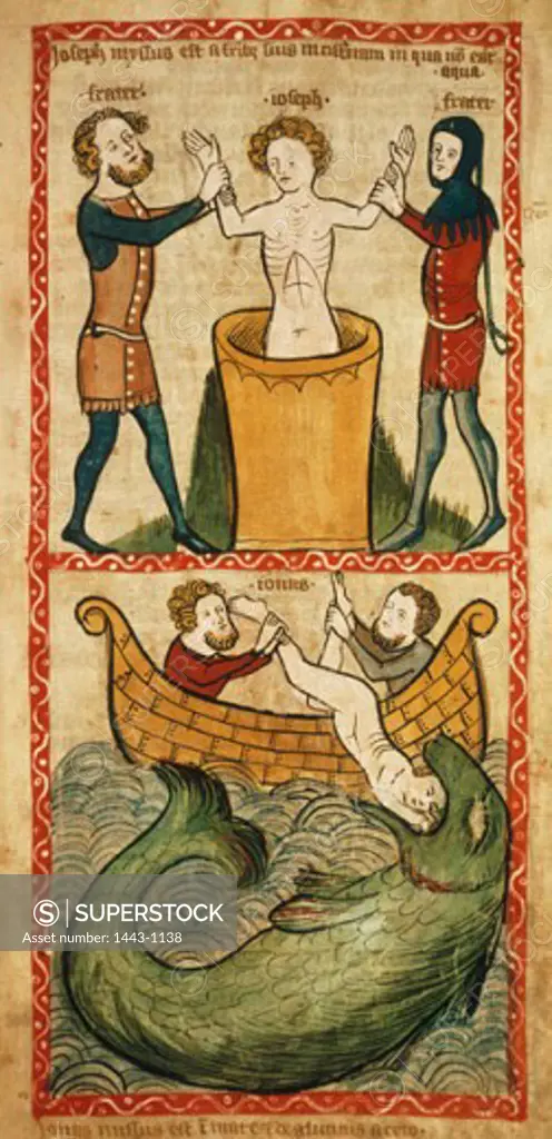 Joseph is Thrown Into the Well (Top)  Jonah is Swallowed by the Whale (Bottom) Ca. 1360 Artist Unknown Illuminatd manuscript Hessisches Landesmuseum, Darmstadt, Germany