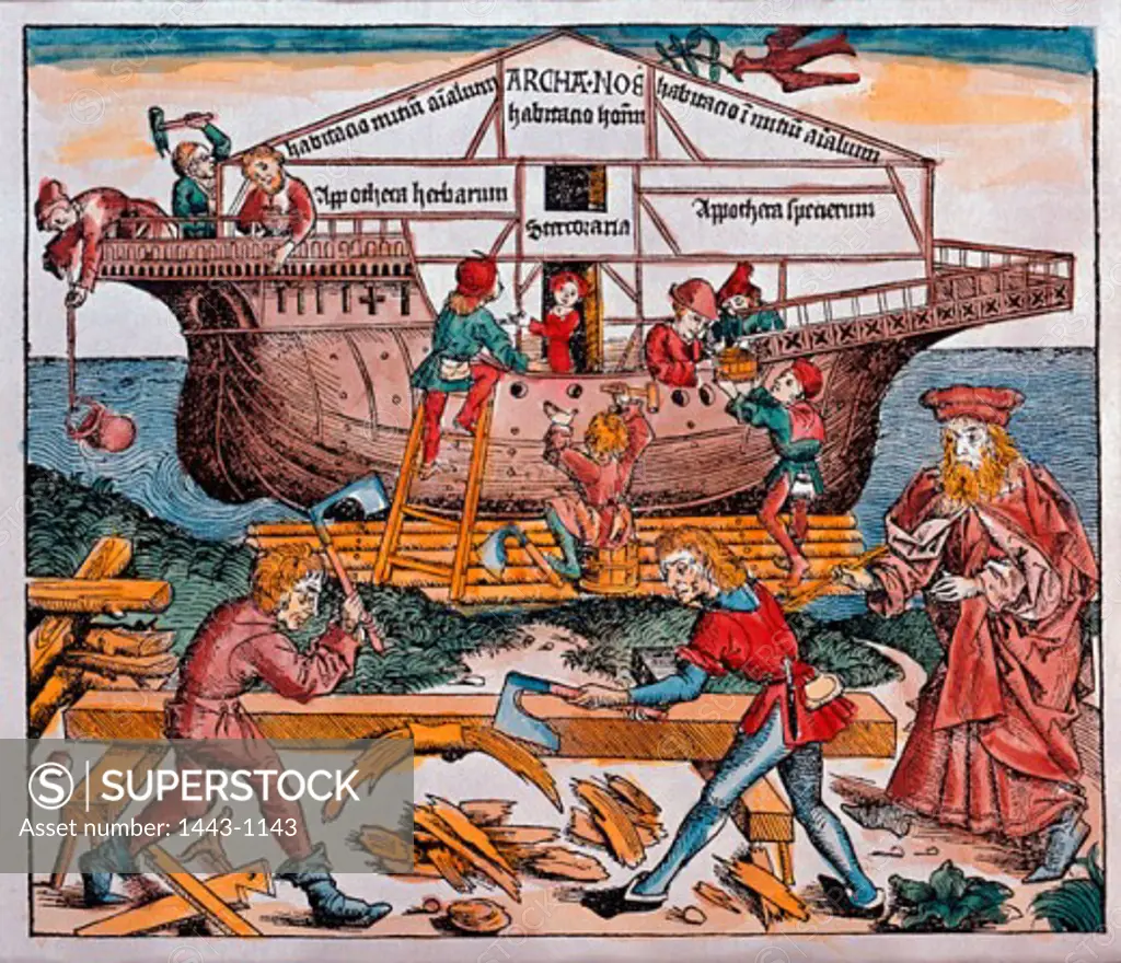 The Building of Noah's Ark  1493 Michael Wolgemut (1434-1519 German) Colored wood cut