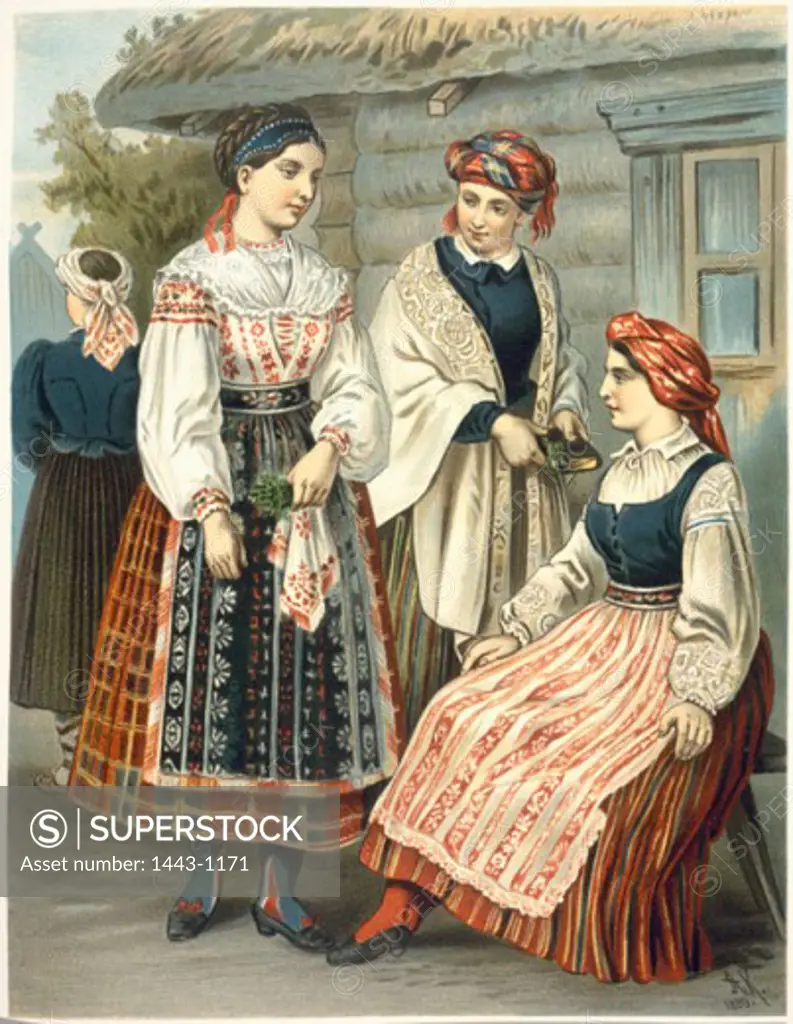 Lithuanian Traditional Costume  1889 Albert Kretschmer (1825-1891 German) Color lithograph