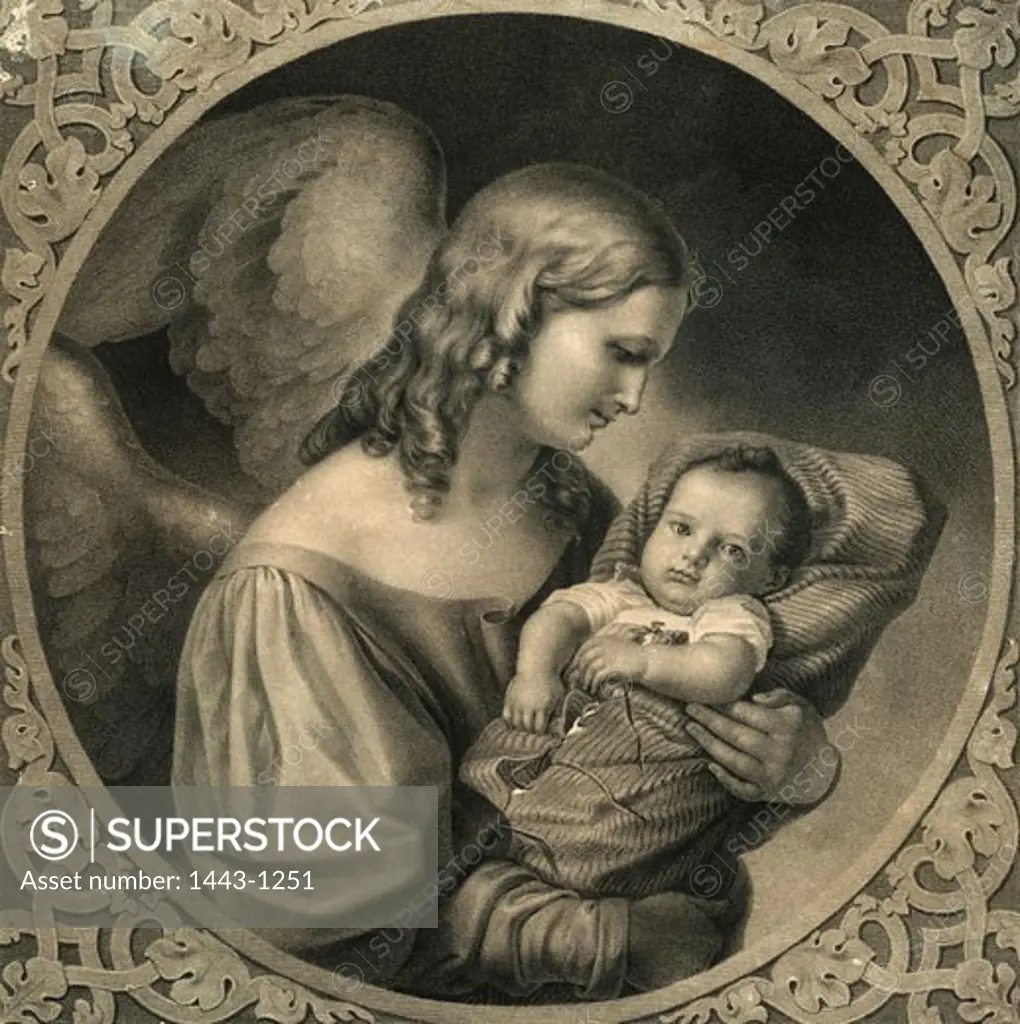 Guardian Angel with a Baby in a Baby's Pillow c. 1860 Artist Unknown Lithograph