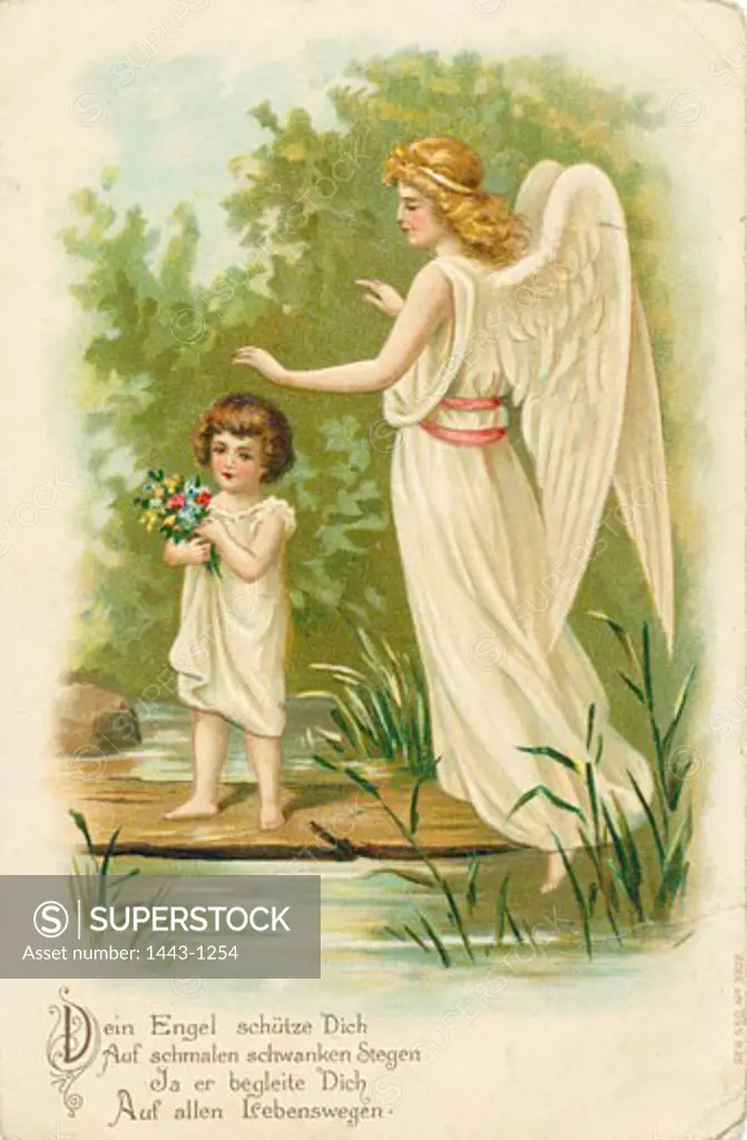 Child with Guardian Angel c.1900 Artist Unknown Color lithograph