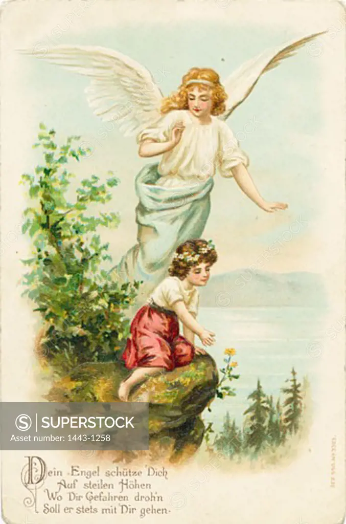 Your Angel Watches over You on the Steep Heights c. 1900 Postcard Artist Unknown Color lithograph