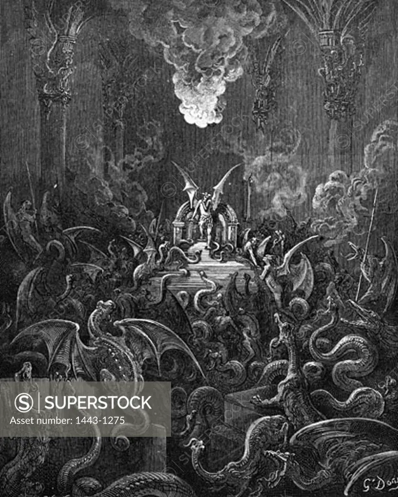 The hiss resounded terribly in the   , hall, where monsters were swarming all around..., From Milton's Paradise Lost , Gustave Dore, (1832-1883/French), Wood, Collection of Archiv for Kunst & Geschichte