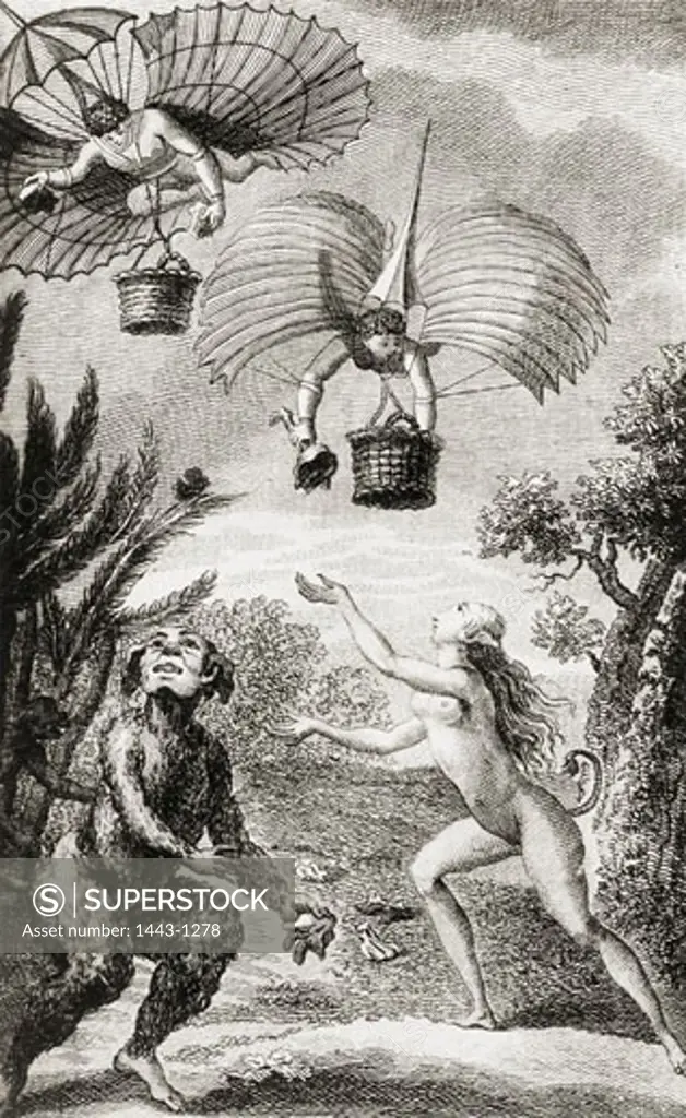 Flying man on the Australian Dog Island, From Dcouverte Australe par un Homme Volant (The Southern Discovery by a Flying Man) By Rtif de la Bretonne, 1781, Artist Unknown, Etching