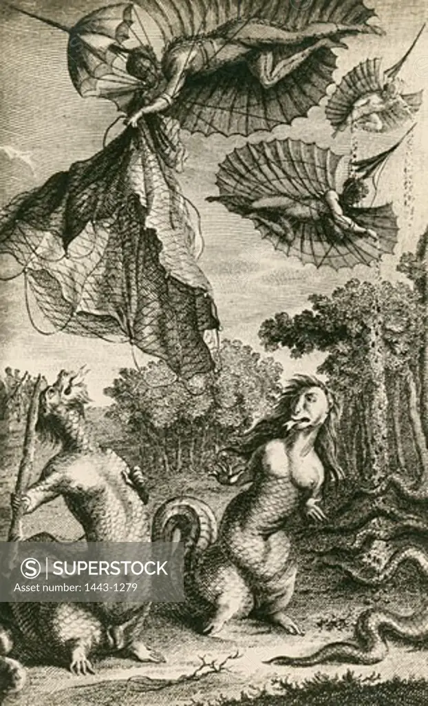 Flying man fighting with the serpent-people, From Dcouverte Australe par un Homme Volant (The Southern Discovery by a Flying Man) By Rtif de la Bretonne, 1781, Artist Unknown, Etching