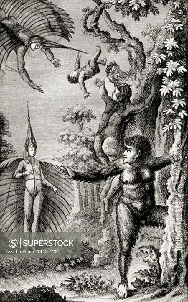 Flying man with the bear-people, From Dcouverte Australe par un Homme Volant (The Southern Discovery by a Flying Man) By Rtif de la Bretonne, 1781, Artist Unknown, Etching