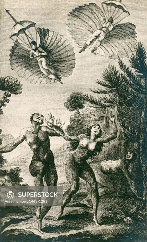 Flying man on the Ape Island, From Dcouverte Australe par un Homme Volant (The Southern Discovery by a Flying Man) By Rtif de la Bretonne, 1781, Artist Unknown