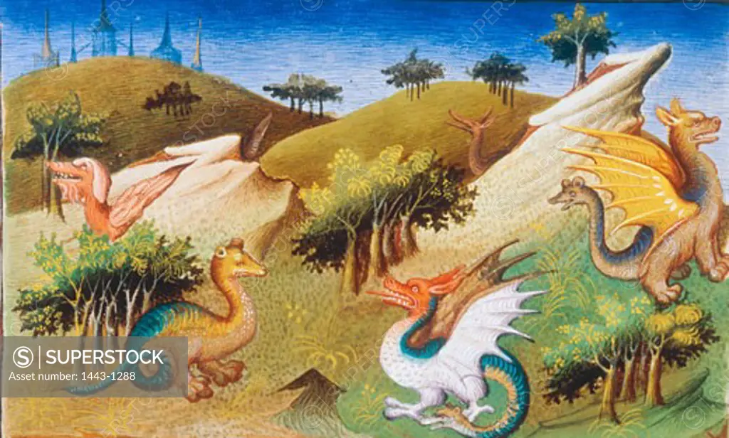 Fabulous Creatures (Dragons and Other Beasts), From Le Livre des Merveilles les du Monde, (The Travels of Marco Polo), Studio of the Boucicaut Master, c.1412, Illuminated manuscript, Bibliotheque Nationale, Paris, France