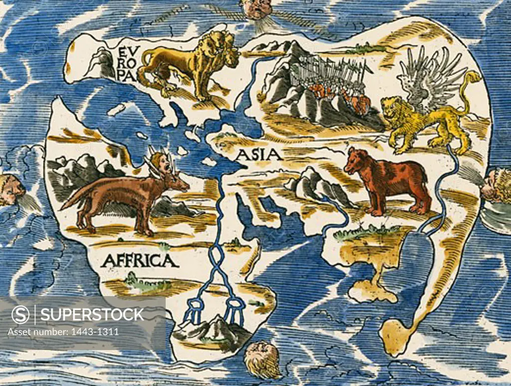 Daniels Dream Map, World map with the four animals from the four Kingdom, From M.Luther, Prophet Daniel, Wittenberg (H.Lufft)1530