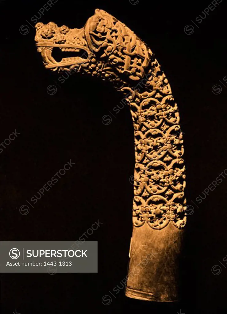 Wooden post with carved animal head from the Oseberg grave (burial mound with stones shaped like a ship - ship grave), Norway, 9th century AD., Oslo, Universitetets Oldsaksamling