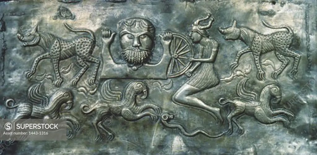 Relief plate from the Gundestrup Cauldron, 1st. Century AD, Artist Unknown , Metal relief, Found in the moors near Gundestrup, Jutland, National Museum, Copenhagen, Denmark  ,
