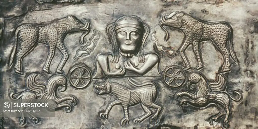 Relief plate from the silver cauldron of Gundestrup, 1st. Century AD, Artist Unknown , Metal relief, Found in the moors near Gundestrup, Jutland, National Museum, Copenhagen, Denmark  ,