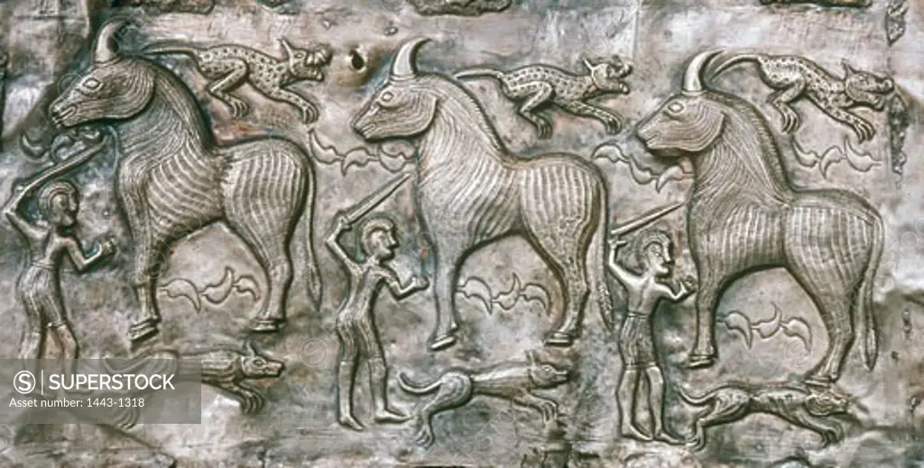 Relief plate from the silver Gundestrup cauldron , 1st Century AD, Artist Unknown, Metal Relief, Found in the moors near Gundestrup, Jutland, National Museum, Copenhagen, Denmark