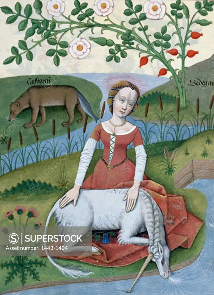 The virgin with the unicorn, Robinet Testard, (1475-1523/French), The Book of Simple Medicines by Matthaeus Platearius, Parchment, St Petersburg, Russian National Library