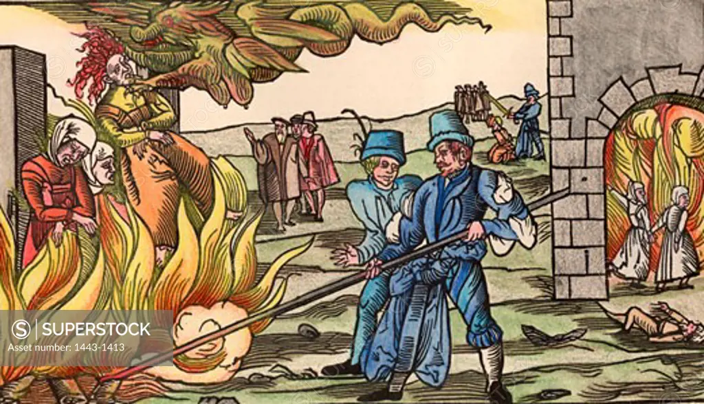 Burning at the Stake of a Sorceress (detail), c.1555, Artist Unknown, Contemporary leaflet with woodcut, coloured