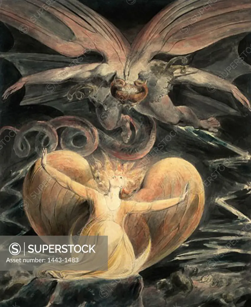 The Great Red Dragon and the Woman Clothed with the Sun, c. 1805, William Blake, (1757-1827/British), Watercolor, ink, pen, National Gallery of Art, Washington, D.C., USA